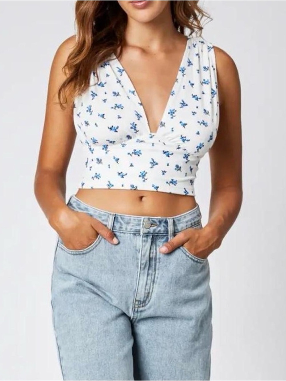 Cider White Crop Top with Blue Floral Print